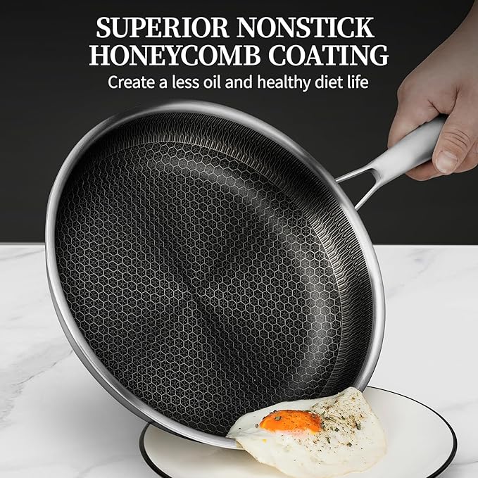 6 Pieces Stainless Steel Frying Pan Set with Lids, Honeycomb Nonstick Frying Pan Set 3 Pcs,Induction Skillet Set Egg Omelette Frying Pan Sets W/Lid, Induction Compatible, PFOA Free