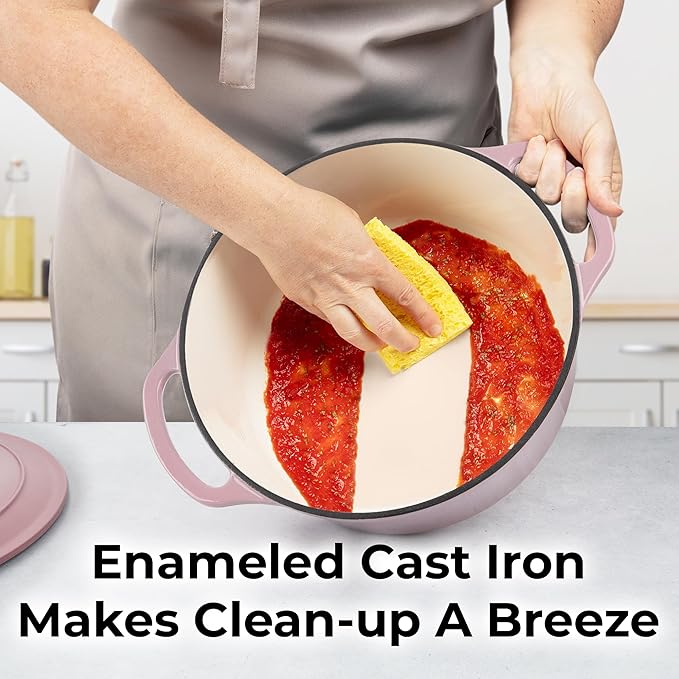 Zulay Kitchen 6 Quart Enameled Cast Iron Dutch Oven Pot with Lid – Premium Durability & Oven Safe up to 500°F – Heavy Duty Cookware Perfect for Bread Baking, Stews, Braising & Roasting – Pink