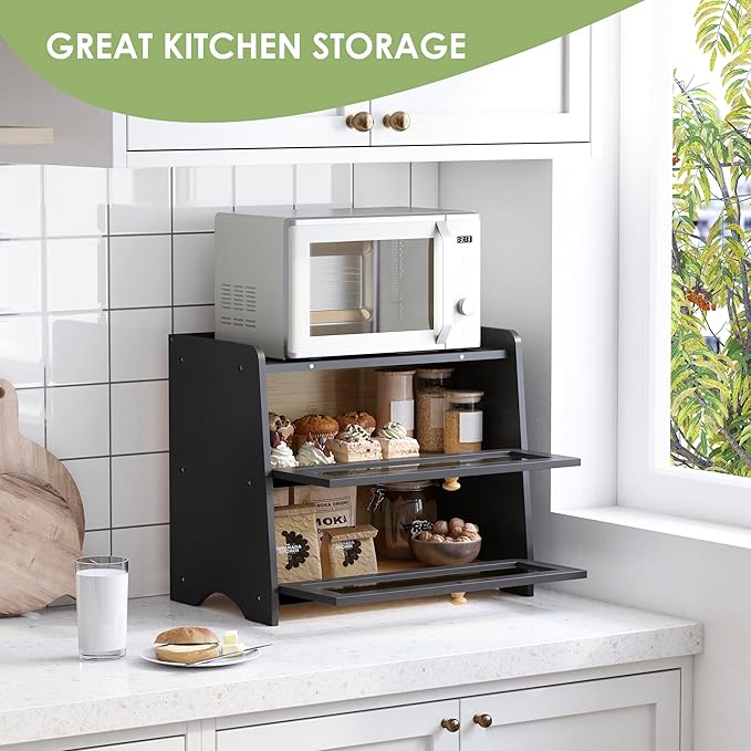 Double Layer Bread Box for Kitchen Countertop, Large Breadbox Bread Container Storage with Windows, Wooden Farmhouse Bread Holder (Black)
