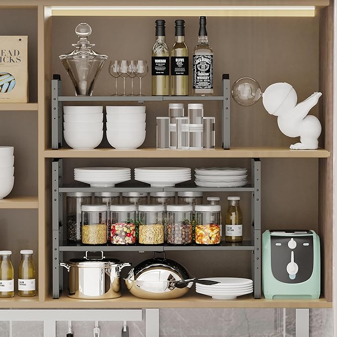 Expandable Shelf for Cabinet Organizer Adjustable Stackable Spice Rack at Kitchen and Bathroom More, Counter Countertop Cupboard Organization Pantry Storage (1 Pack/Gun-Grey, Large)