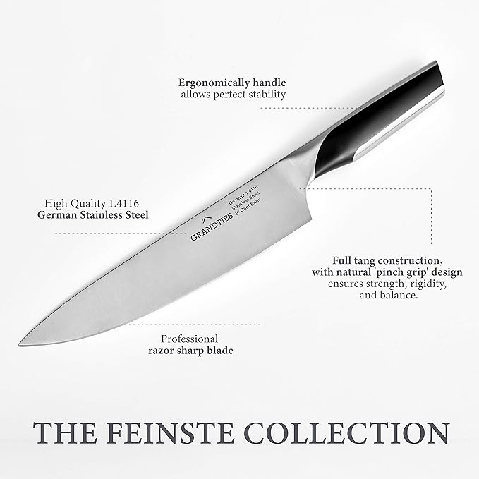 GRANDTIES 7-Piece Professional Kitchen Knife Set with Block, Kitchen Knives Sharpener | High Carbon German Stainless Steel, Ultra Sharp Chef Knife Set, Ergonomic Handle, Paring Knife, Carving