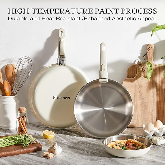 KITEXPERT 8" Tri-Ply Stainless Steel Frying Pan – PFOA-Free, Beige Ceramic Exterior, Stainless Steel Handle, Dishwasher & Oven Safe, Compatible with All Stovetops