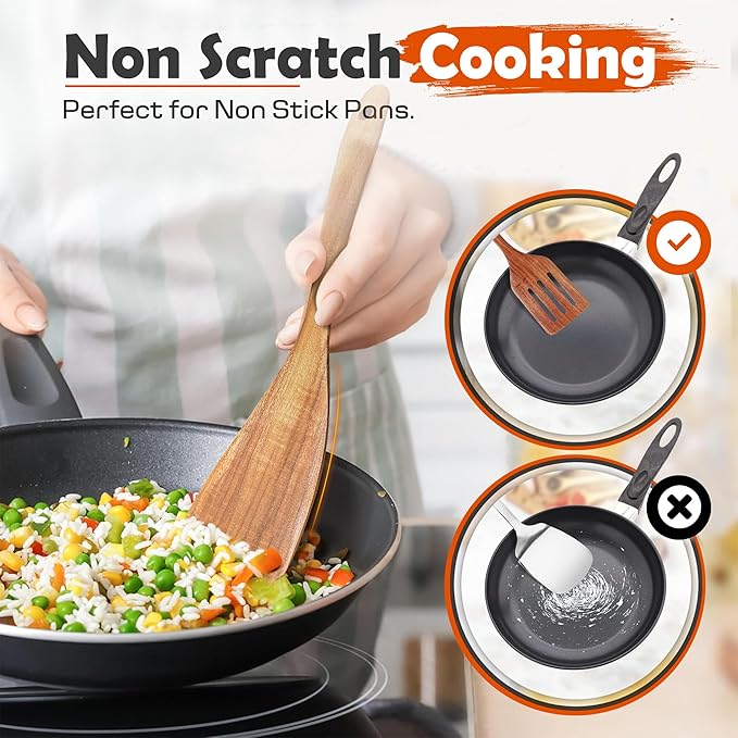 2 Pcs Wooden spoons for cooking,(Fried Spatula&Slotted Spatula). Teak wood kitchen utensils set, Long handle frying turner, Non-stick and non scratch spurtle for backing, frying and cooking.