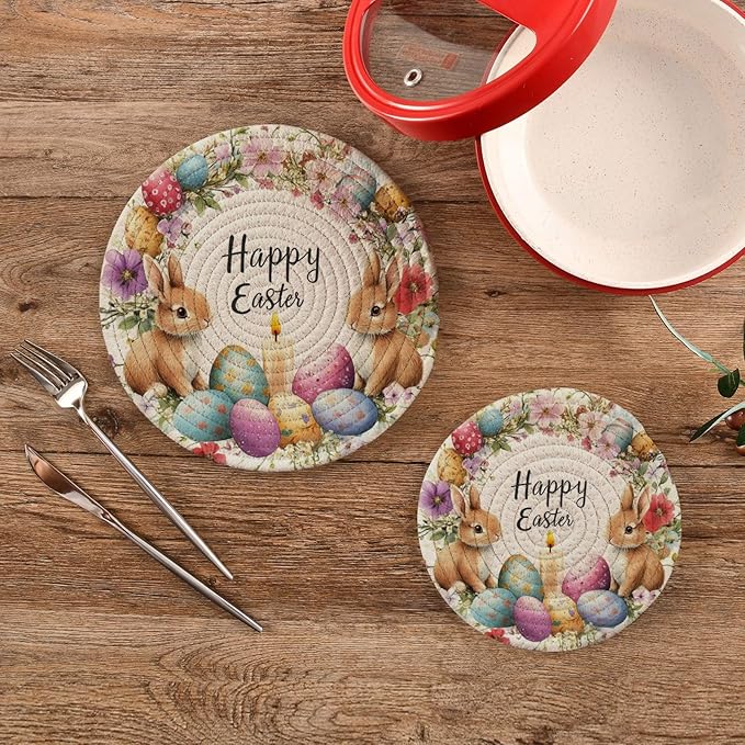 Watercolor Easter Wreath Bunnies Kitchen Trivets Pot Holders Set of 2, Trivets for Hot Pots Dishes Woven Trivet Coaster Pad Mat for Counter