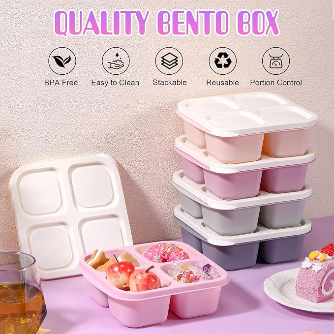Honeydak 5 Pack Snack Containers 4 Compartment Bento Snack Boxes Reusable Lunchable Containers with Lids Divided Meal Prep Lunch Food Storage Box for School Work Travel(Gray and Pink Ombre,Equal)