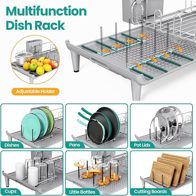 TOOLF Dish Drying Rack - Large Expandable Dish Rack for Kitchen Counter, Stainless Steel Dish Drainer for Kitchen Organization with Cutlery ＆ Cup Holder,Gray