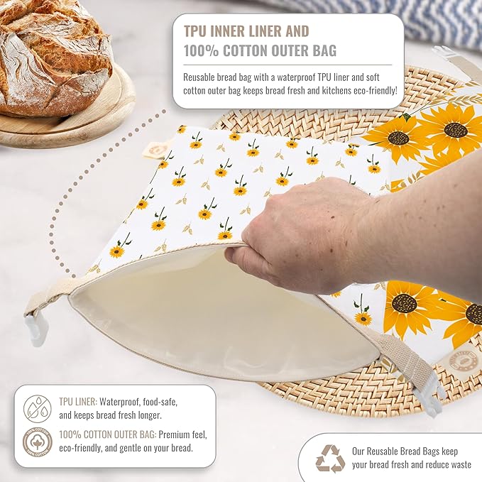 Cozy Bread® Reusable Bread Bag Set for Home Bakers | USA Brand | Charming Designs (Sunflower)