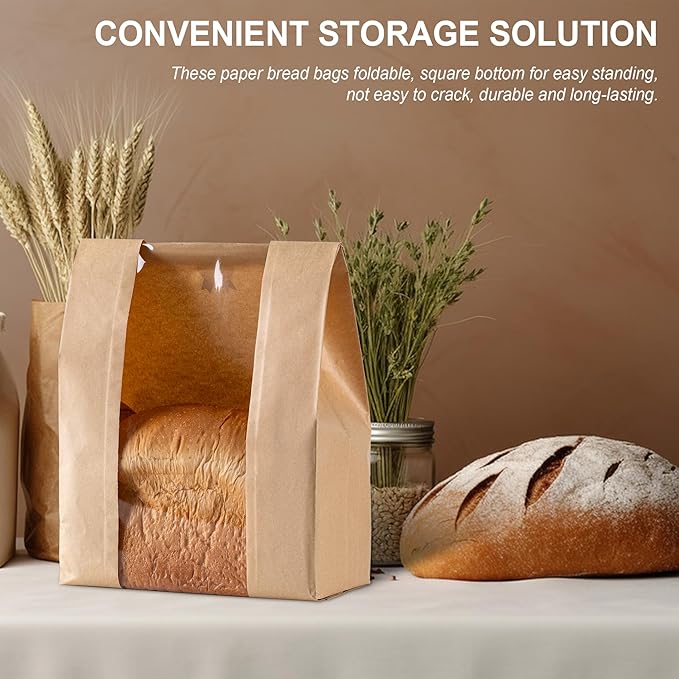100Pcs Sourdough Paper Bread Bags for Homemade Bread with Window, Includes 50PCS Label Seal Stickers for Food Storage(50% Thicker 13.7x8.3x3.5 in - Large)