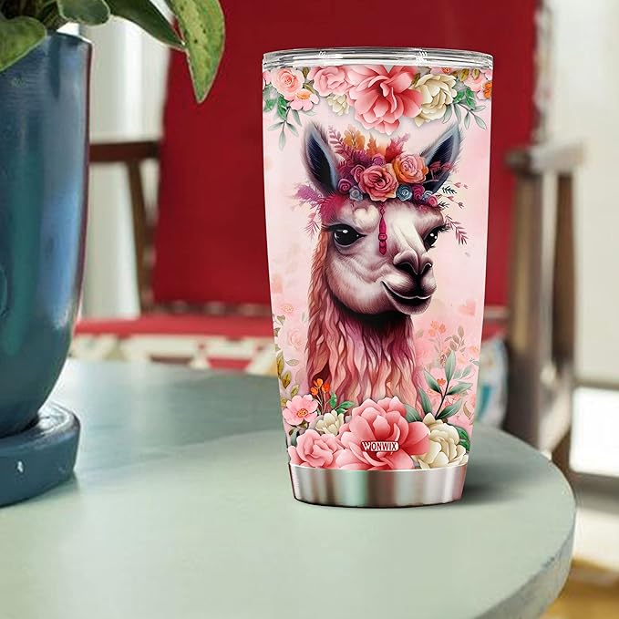 Llama Tumbler 20oz Cute Animal Gift for Women, Girls Who Freaking Love Llamas Lovers Flowers Perfect Birthday Christmas Valentine Wife Daughter Insulated Stainless Steel Coffee Cup with Lid