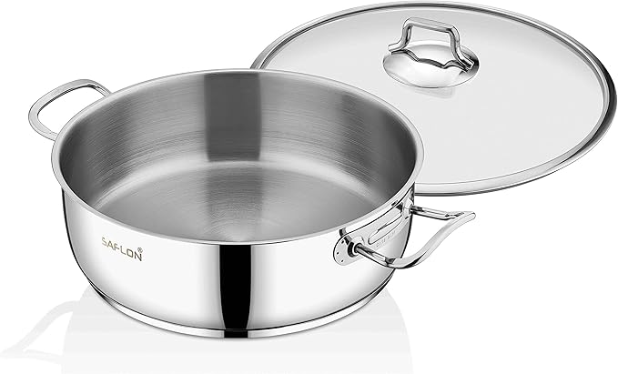 SAFLON Stainless Steel Tri-Ply Capsulated Bottom 5 Quart Saute Pot with Glass Lid, Induction Ready, Oven and Dishwasher Safe