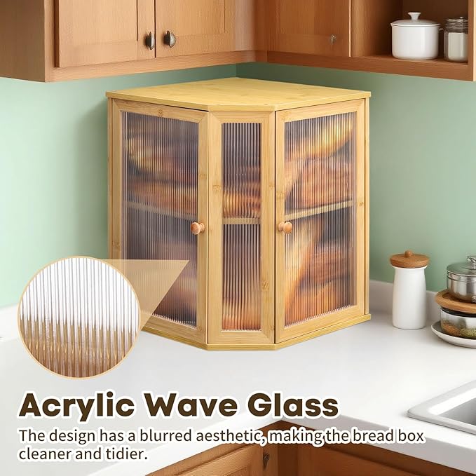 Corner Bread Box for Kitchen Countertop - Bamboo Large Capacity Bread Storage Bin with Acrylic Wavy Door Panel,Double Door Bread Organizers (Natural)