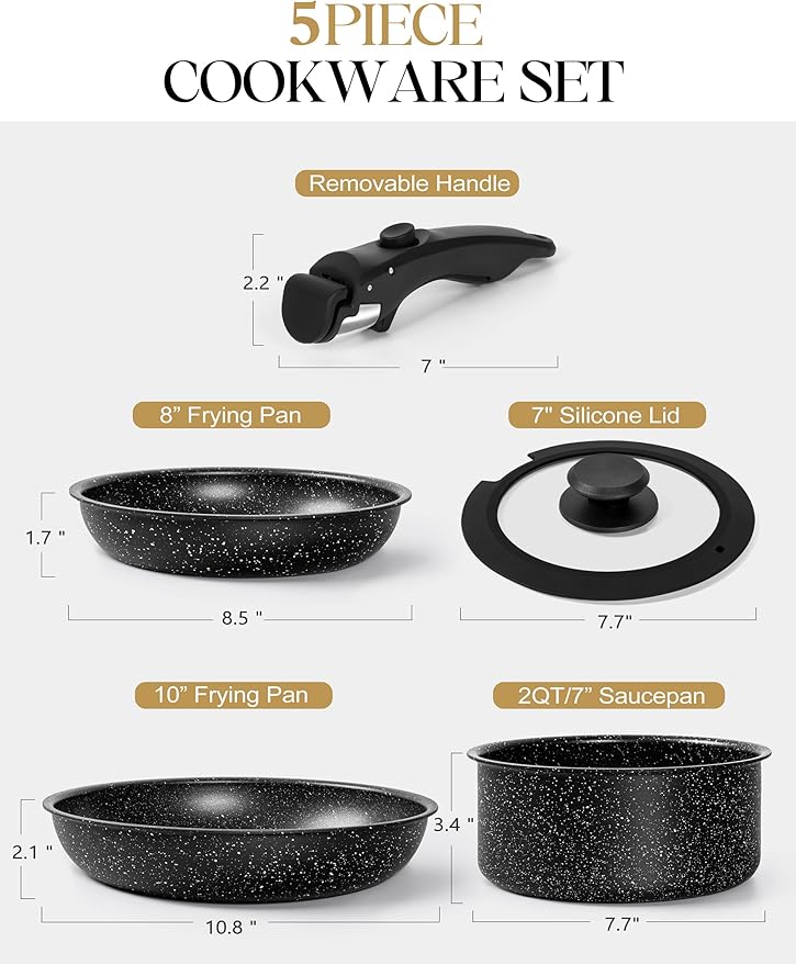 MICHELANGELO Pots and Pans Set Detachable Handle, 5 Piece Nonstick Kitchen Cookware Sets, Stackable Pots and Pans Set with Removable Handle, Oven Safe - 5Pcs, Black