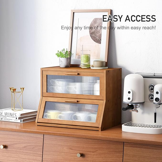GHWIE Double Layer Bamboo Bread Box for Kitchen Counter,Large Capacity Bread Storage Bin,Bread Container with Acrylic Wavy Door Panel (Brown, Medium)