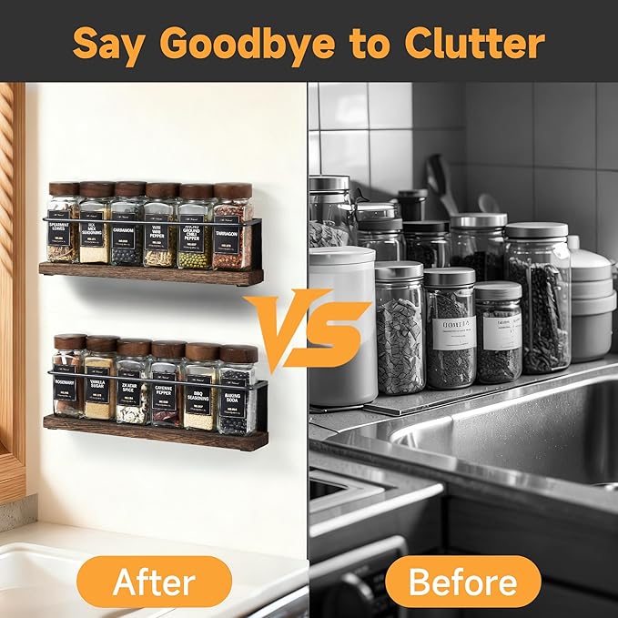 Wooden Lid Magnetic Spice Rack with 12 Jars, 216 Labels, 1 Steel Funnel for Refrigerator，Microwave Oven - Full Set of Spice Organizer