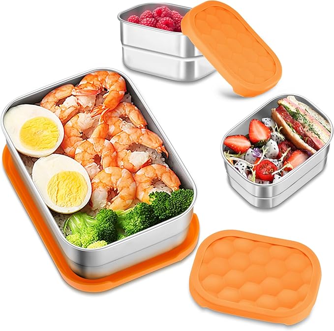 HaWare 8oz*2+25oz Stainless Steel Lunch Containers, Leak Proof Food Storage Snack Containers with Silicone Lids, Portable Sandwich Containers, Easy Open Bento Lunch Box for School Daycare