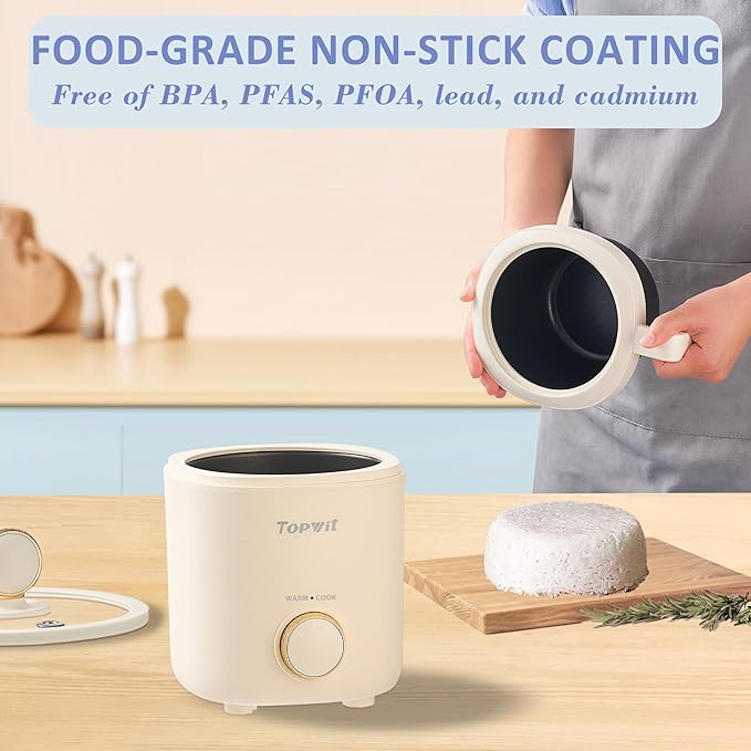 TOPWIT Rice Cooker Small, Mini Rice Cooker 2 Cups Uncooked, 1.2L Portable Rice Maker with Non-stick Coating, BPA Free, One Touch & Keep Warm Function, Beige