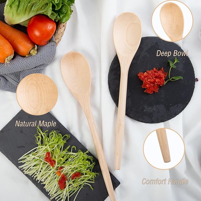 2PCS Wooden Cooking Spoons, 14 Inch Maple Wooden Spoons for Cooking or Mixing Salad, Wooden Spoons Cooking for Stirring Sauce Soup Nonstick Spoon Kitchen Serving Utensil Long Handle with Smooth Finish