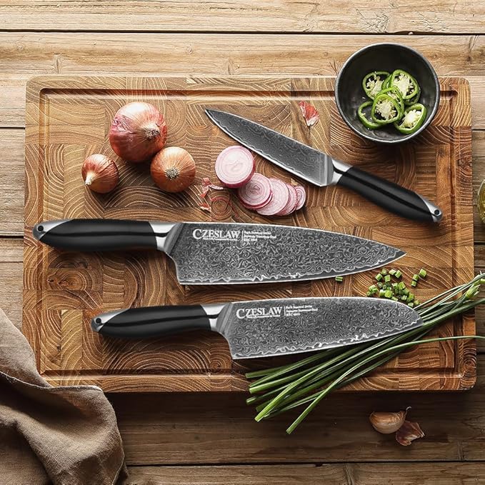 Knife Set 3 Piece, Japanese Damascus Kitchen Knife Set, Professional Sharp Black Cooking Chef Knife, Use Premium Damascus Steel Forge, With Ergonomic ABS Handle