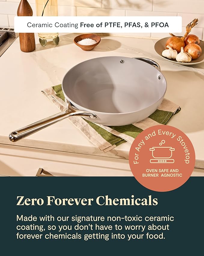 Caraway Non-Stick Stir Fry Pan - 12” Wok-Inspired Pan - Free From Forever Chemicals - High-Sloped Walls - Stainless Steel Handles - Marigold