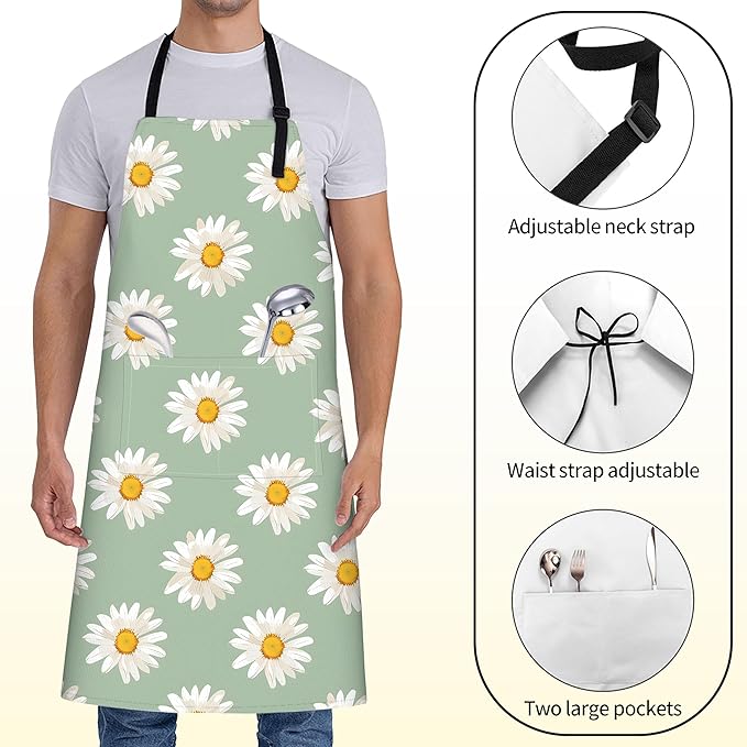 White Daisy Floral Apron for Women,28x33in,Fresh Spring Kitchen Aprons with 2 Pockets, Oxford Fabric,Flower Adjustable Apron for Cooking Baking Gardening Chef,Gifts for Mom Wife