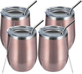 MEWAY 12oz/4 Pack Wine Tumbler Glasses with Lid - Stemless Double Wall Vacuum Stainless Steel Travel Tumbler - Keeping Cold & Hot for Wine,Coffee,Cocktails,Gifts (Rose gold,Set of 4)