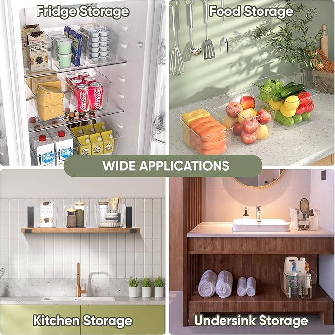BALEINE Clear Plastic Storage Bins, Pantry Organization, BPA Free Stackable Refrigerator Organizers and Storage with Handles for Kitchen Fridge Cabinet Bathroom (8PK, 11x7.5x6)