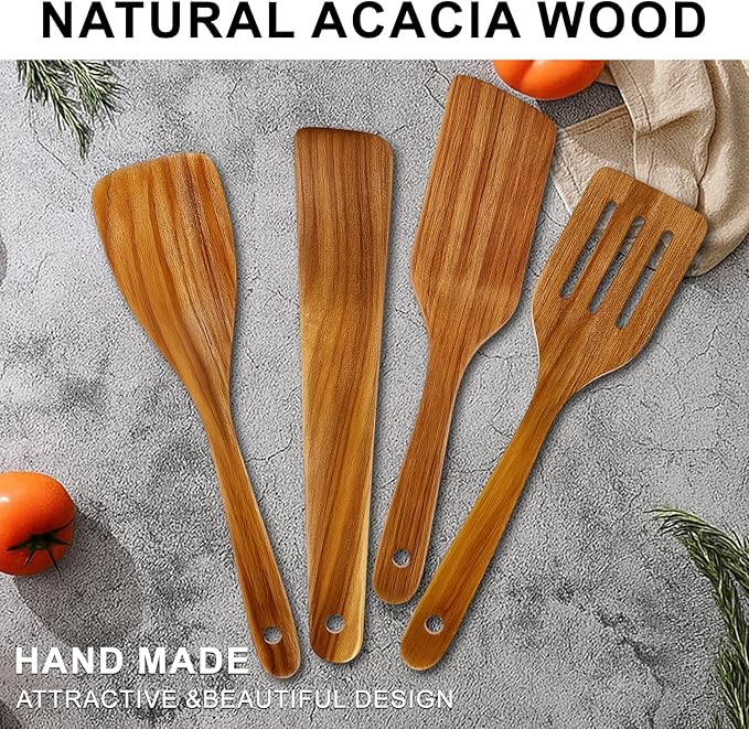 Best Acacia Wood Spatula for Cooking Non Toxic Wooden Kitchen Utensil Set Flat Slotted Turner Spatulas Spoon Scraper Spurtles Kitchen Tools Nonstick Bamboo Cooking Utensils Thin Egg Flipper Spatula