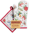 Maison d' Hermine 100% Cotton Oven Mitt & Pot Holder Set (7.5"x13" & 8"x8") Heat Resistant BBQ Cooking Gloves with Loop for Thanksgiving Christmas Decorations Handling Hot Pans (Chromo)