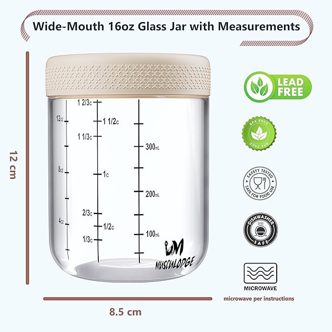 Mason jars 16 oz with lids. Glass meal prep containers. Overnight oats containers with lids. Chia seed pudding jars. Salad jar. Glass jars with airtight lid (4 Pack, Blue & Off-white)