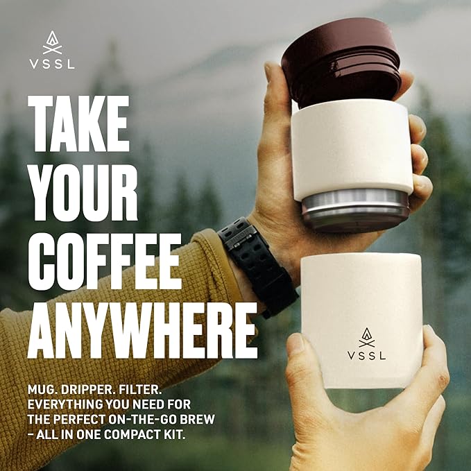 VSSL - Nest Pour Over Coffee Set | Coffee Maker for Camping | All-In-One Travel Pour Over | Transportable Dripper, 10oz Stainless Steel Travel Mug | Compact Storage & Adventure Ready | Cream