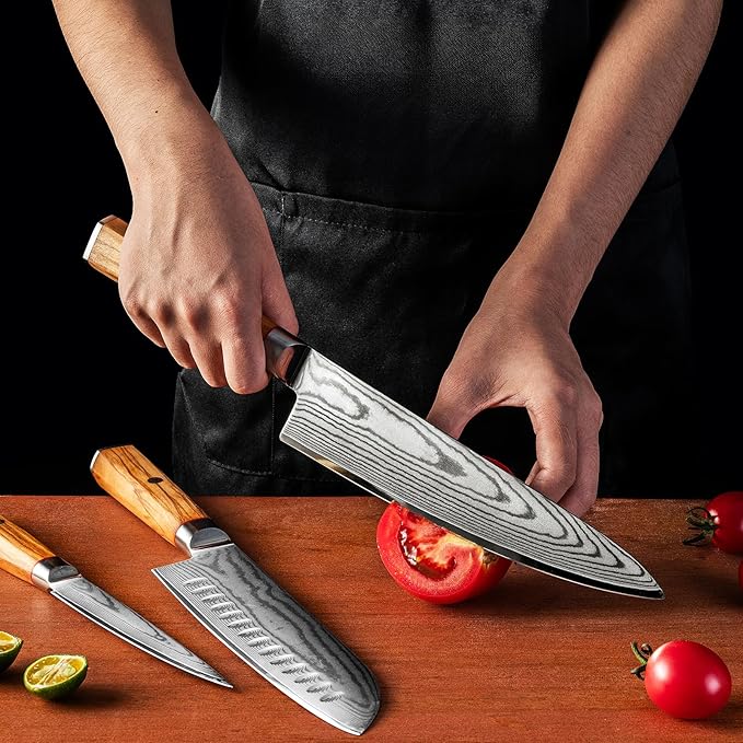 Damascus Kitchen Knife Set, Professional Chef Knife Set 67-Layer Damascus VG10 Steel, Olive Wood Handle with Gift Box, 3 Pieces