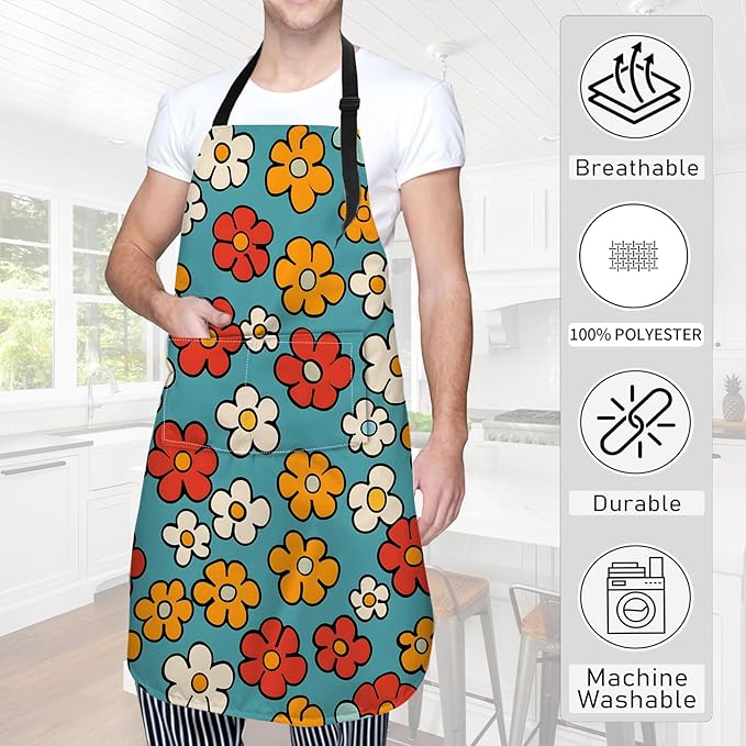 Retro Floral Apron,Oxford Fabric Adjustable Kitchen Apron with 2 Pockets,Waterproof Cooking Aprons for Men Women Mom Wife Dad,Ideal Gifts for Coffee House,Shop,Baking,BBQ,Housewarming,28x33in