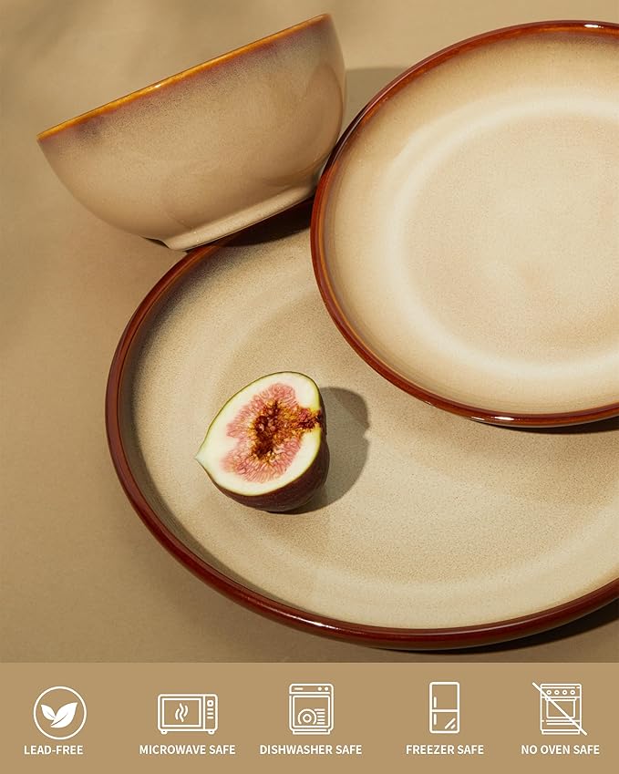 Stoneware Dinnerware Sets, Ceramic Plates and Bowls Set, Microwave & Dishwasher Safe Kitchen Dish Set, Modern Dinner Salad Plates | Cereal Bowls for 4, Dishware Sets Brown Yellow