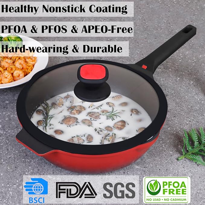 DIIG Nonstick Deep Frying Pan Skillet with Lid, 12 inch/ 5.5 QT Saute Pan with Silicone Spatula, Sauce Cookware Cooking Chef Pans, Cast Aluminum Induction Compatible, Ruby Red