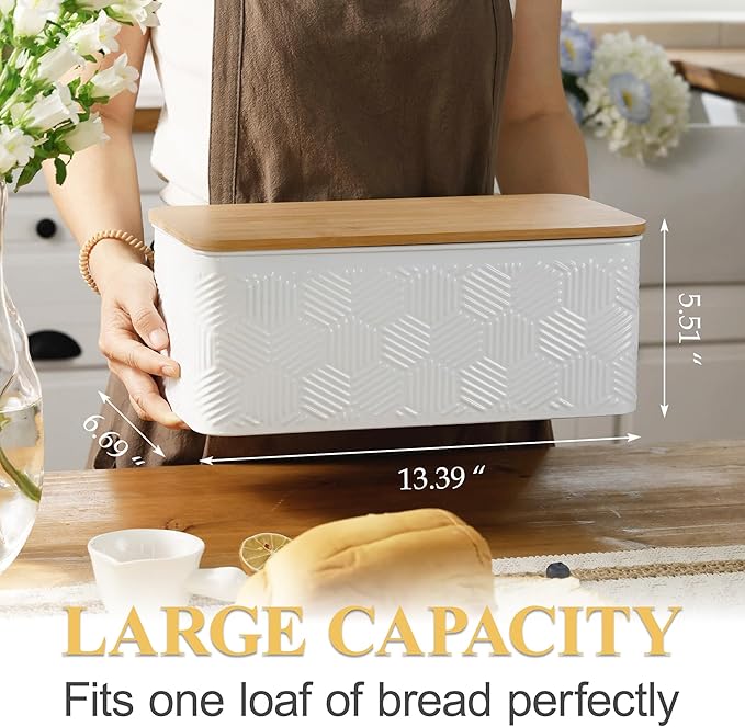 Large Bread Box for Kitchen Countertop Corner Breadbox for Homemade Bread Metal White Hexagon Stripe Pattern Embossed Bread Storage Container Bin with Bamboo Lid