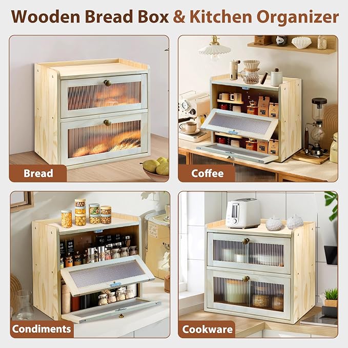 Bread Box for Kitchen Countertop, 2 Layer Large Capacity Wooden Bread Storage Container with Clear Wavy Acrylic Window Breadbox Holder Keeper Farmhouse Food Organizer for Christmas Xmas Gift