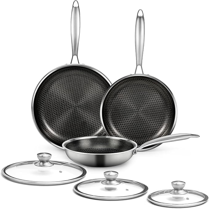 6 Pieces Stainless Steel Frying Pan Set with Lids, Honeycomb Nonstick Frying Pan Set 3 Pcs,Induction Skillet Set Egg Omelette Frying Pan Sets W/Lid, Induction Compatible, PFOA Free