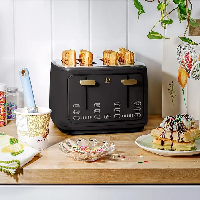 Beautiful 4-Slices Toaster with Touch-Activated Digital Display, Extra-Wide Self-Adjusting Slots, Adjustable Shade Control by Drew Barrymore (Black Sesame)