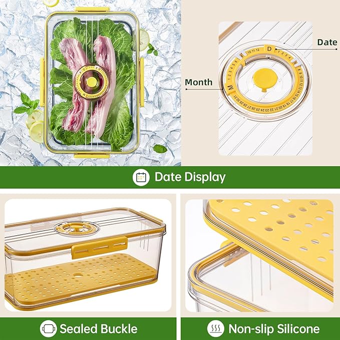 CottonColors Fridge Organizer, Food Storage Containers With Lids for Timer & Drain Board Stackable Refrigerator Organizers and Storage（Tall, Large, 4.5 L）