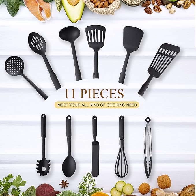 TJ POP Kitchen Utensils Set of 11 Pcs, Nylon Utensils Set, Non-Stick Cooking Utensils Set 410°F Heat Resistant, Kitchen Gadgets Accessories Tools for Cookware (BPA Free)