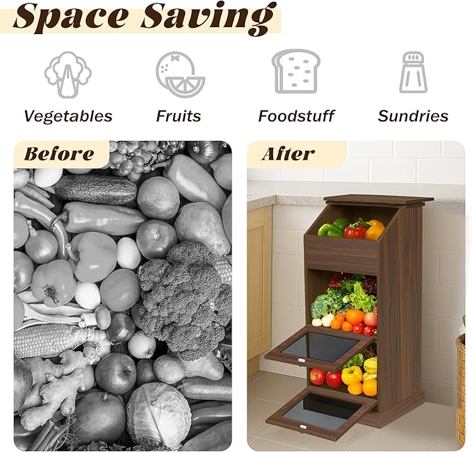 Potato Storage Bin, 3-Tier Potato and Onion Storage Bin with Lid, Wooden Bread Box for Fruit and Vegetable,Food Storage Containers for Kitchen Pantry (Walnut)