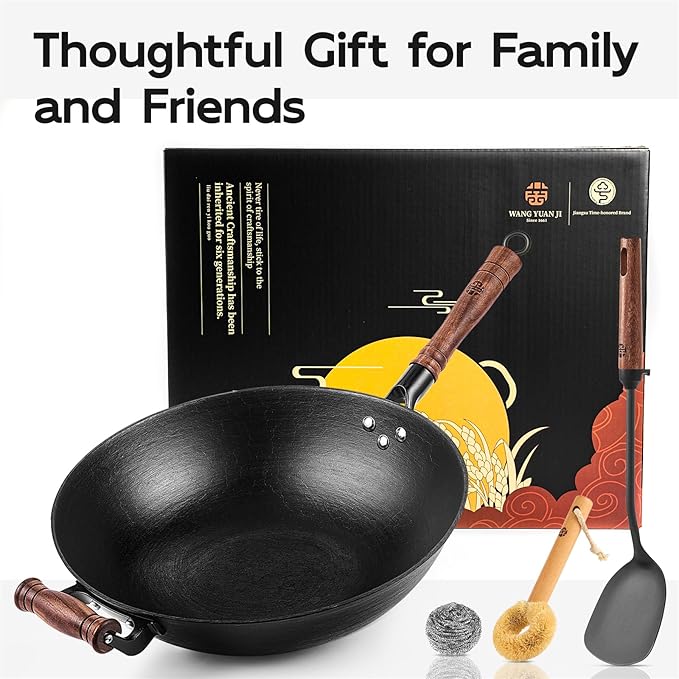 WANGYUANJI 14.2 Inch Cast Iron Wok with Wooden Lid and Iron Spatula, Flat Bottom Double-Handle Cast Iron Stir Fry Pan, Uncoated Chinese Wok for Induction, Gas and Electric Stoves