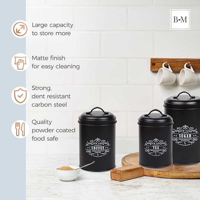 Baie Maison Extra Large Black Farmhouse Bread Box for Kitchen Countertop - Holds 2+ Loaves for All Your Bread Storage with Matching Large Kitchen Canisters Set of 3 - Coffee Tea Sugar Container Set