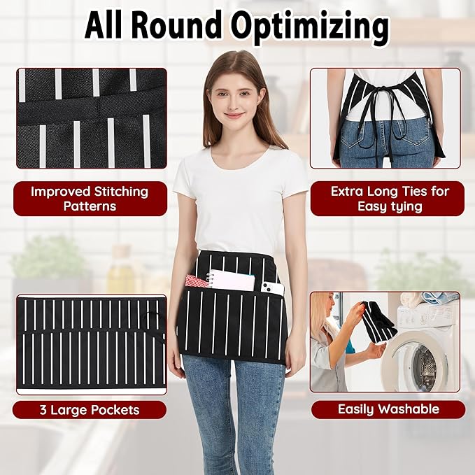 3 Pack Waist Apron with 3 Pockets, Unisex Black Waiter Aprons, Water Resistant Server Aprons for Restaurant Chef Bar