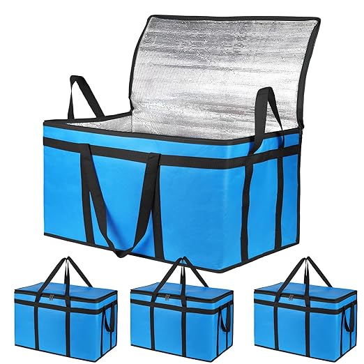 Bodaon 4-Pack Cooler Insulated Food Delivery Bag for Doordash/Uber Eats, XXX-Large Thermal Bags for Catering/Hot Pizza, Travel/Camping/Picnic Basket，Grocery Reusable Warmer and Frozen, Blue-Black Edge