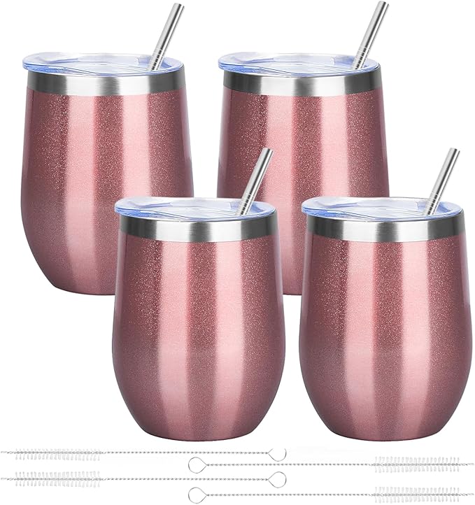 12oz/4 Pack Wine Tumbler Glasses with Lid Stemless Double Wall Vacuum Stainless Steel Travel Tumbler Keeping Cold & Hot for Wine,Coffee,Cocktails,Drinks-Family and Gifts(Rose gold)