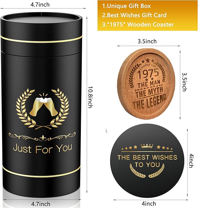50th Birthday Beer Glasses Gifts, Personalized '1975' Vintage Glass Ware Set for Men, Black Gift Package with Drinking Glass, Coaster, and Card for 50 Years Old Man