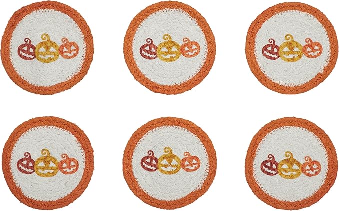 VHC Brands Country Halloween Stencil Braided Cotton Coaster Set of 6, Decorative Fall Coasters, Table Decor for Fall Thanksgiving and Halloween