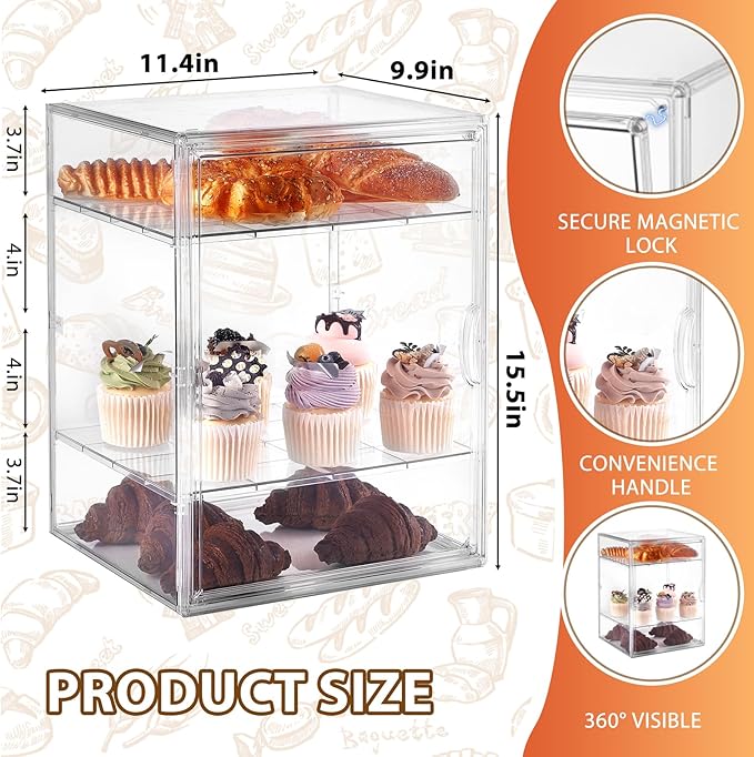 Pastry Display Case,Large Bread Box for Kitchen Countertop,4 Layers Adjustable Bakery Display Case,Clear Breadbox for Baked Goods Cookie Dessert Cupcake Kitchen Counter 15.5x11.4x9.9 Inch