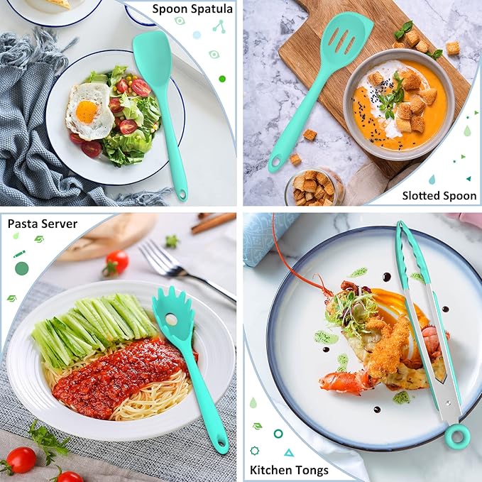 Silicone Kitchen Utensils Set, 16-Piece Silicone Cooking Utensils by Deedro, Heat Resistant Kitchen Tools Set with Holder, Nonstick Spatula Kitchen Gadgets for Cooking & Baking, Green